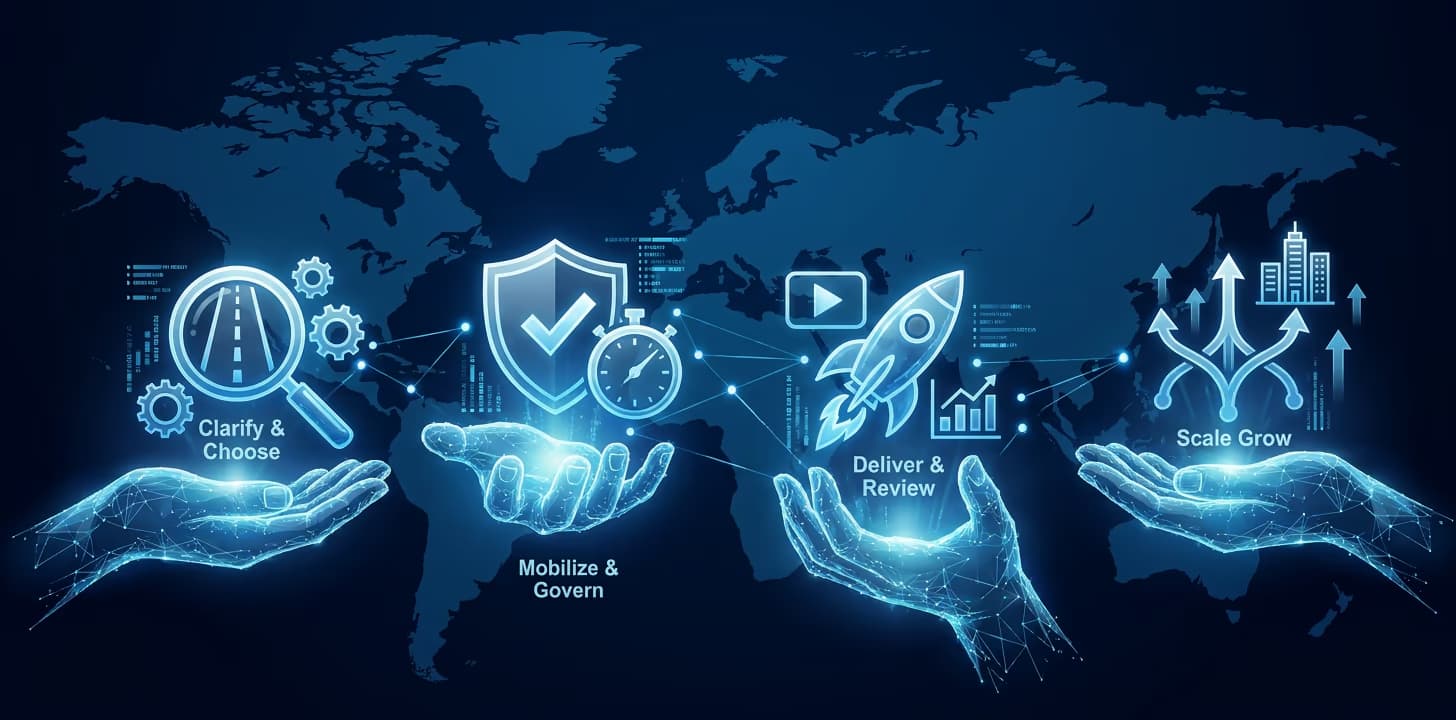 AI-Led Product Engineering delivery model and governance — clarify objectives, mobilize teams, deliver with quality gates, and scale into managed delivery pods