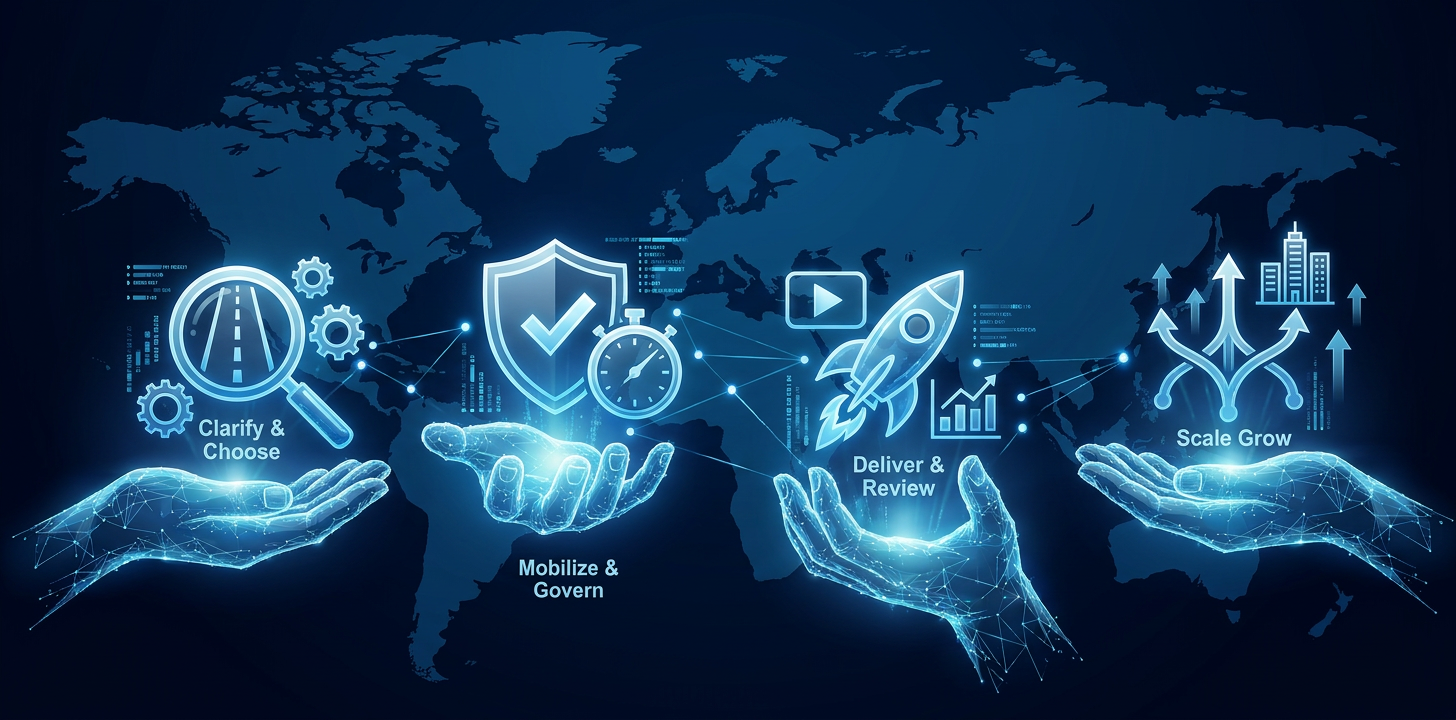 AI-Led Product Engineering delivery model and governance — clarify objectives, mobilize teams, deliver with quality gates, and scale into managed delivery pods