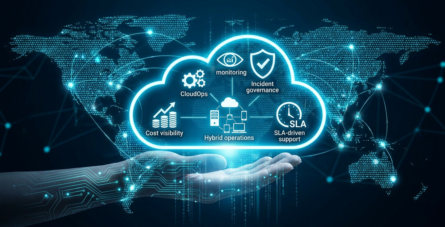 Managed Cloud & Infrastructure — CloudOps, monitoring, incident governance, cost visibility, hybrid operations, and SLA-driven infrastructure support
