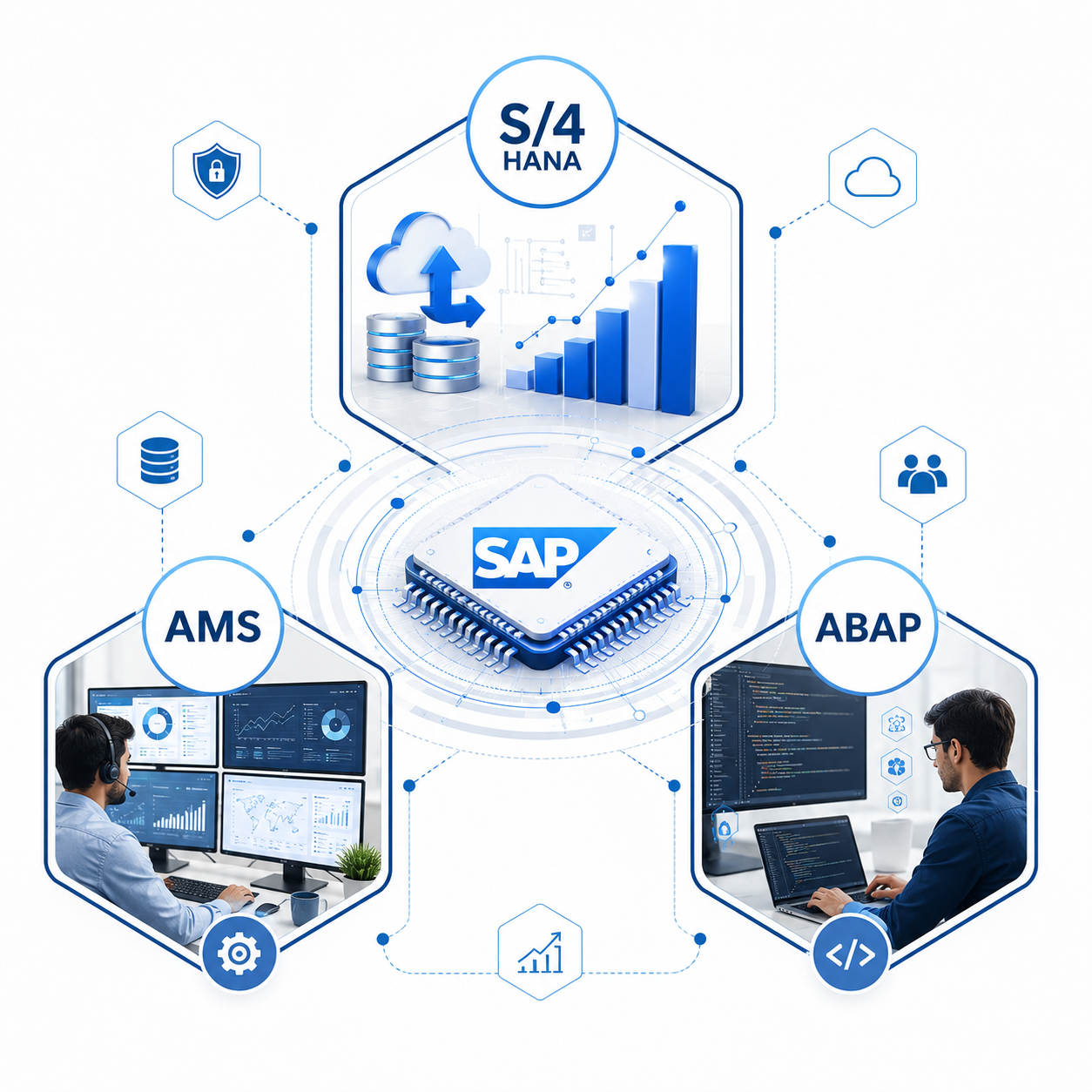 SAP core capabilities — S/4HANA readiness and migration, application managed services, and ABAP custom development